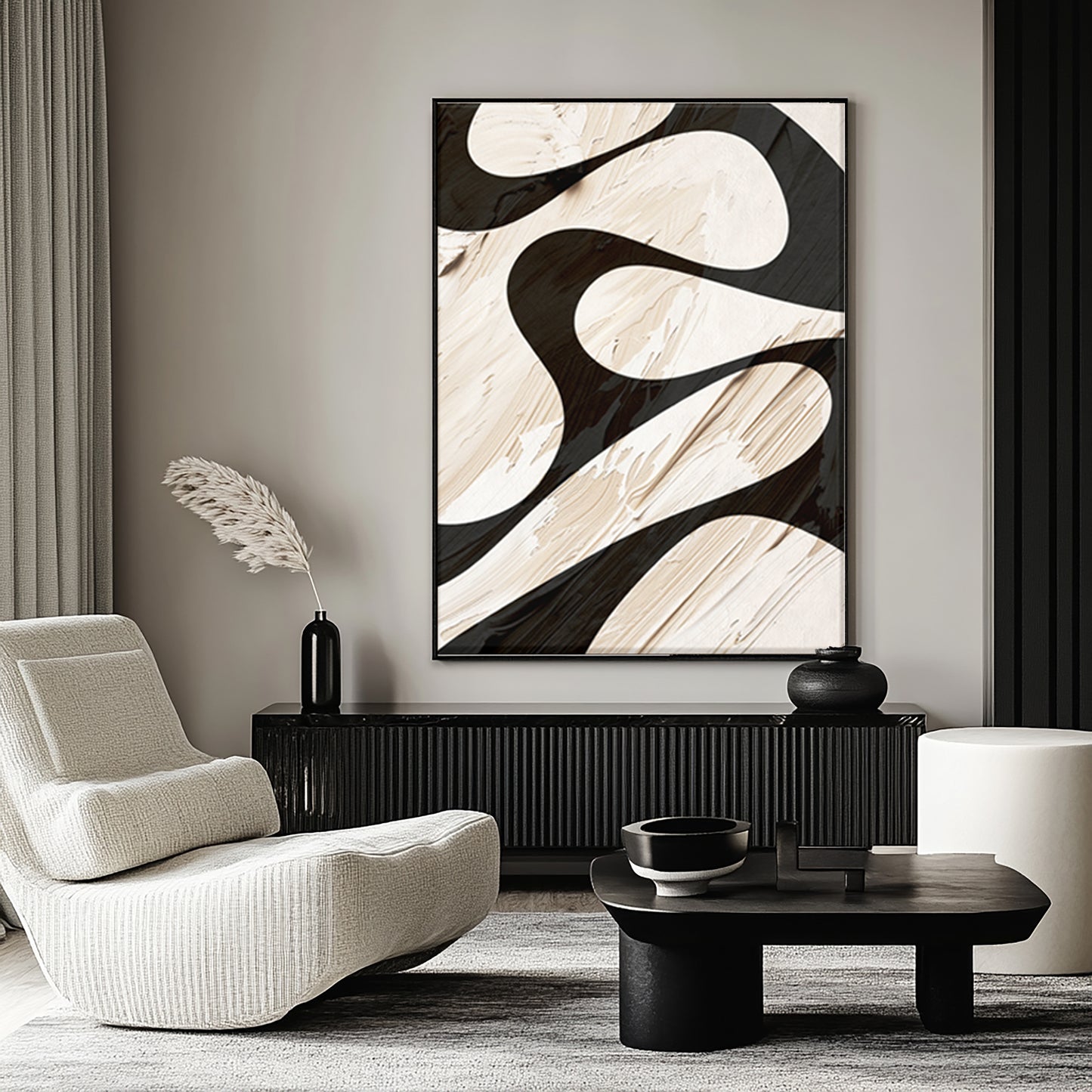 Sculpted Motion – Abstract Black & Ivory Wallpaper