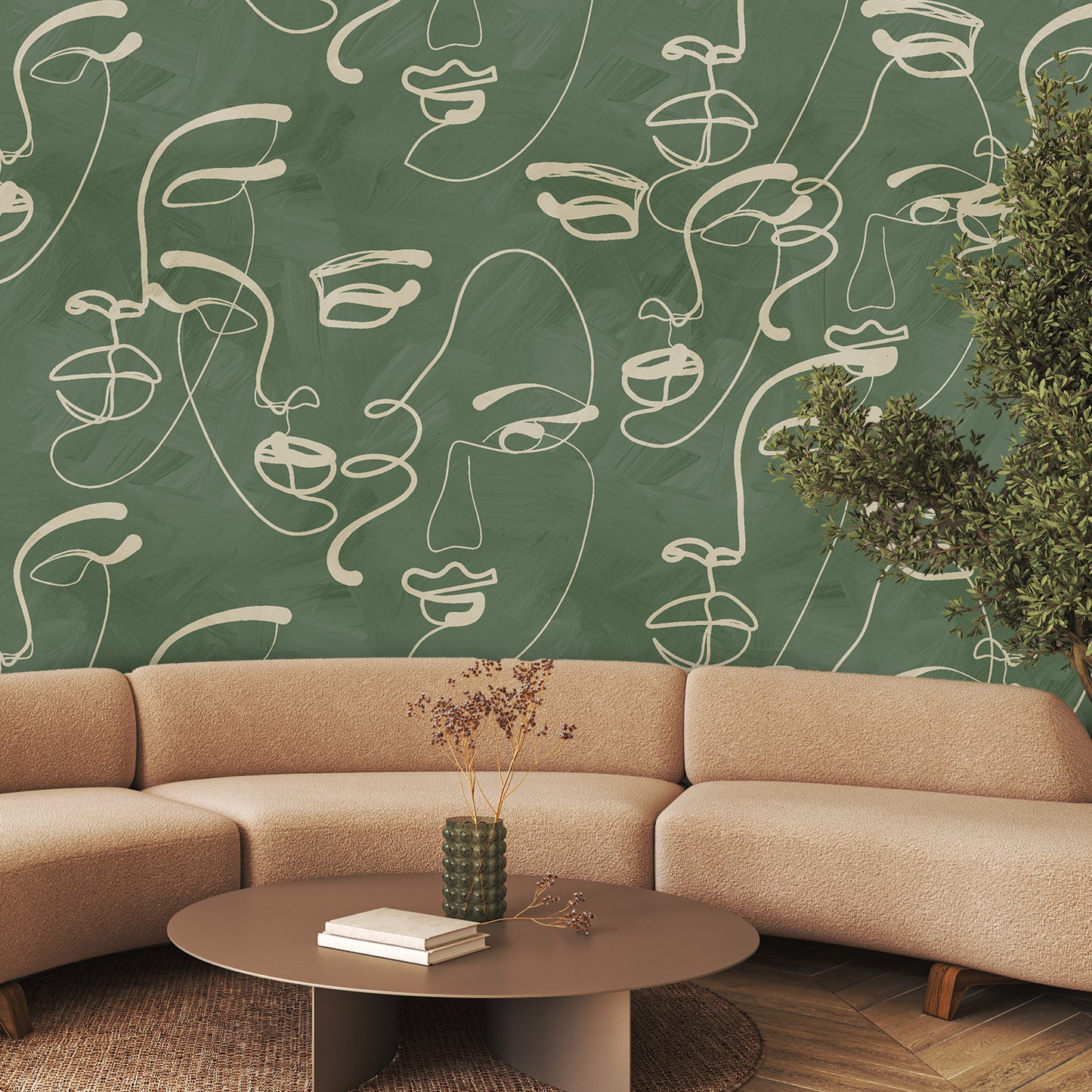 Faces in Harmony Soft Green Wallpaper