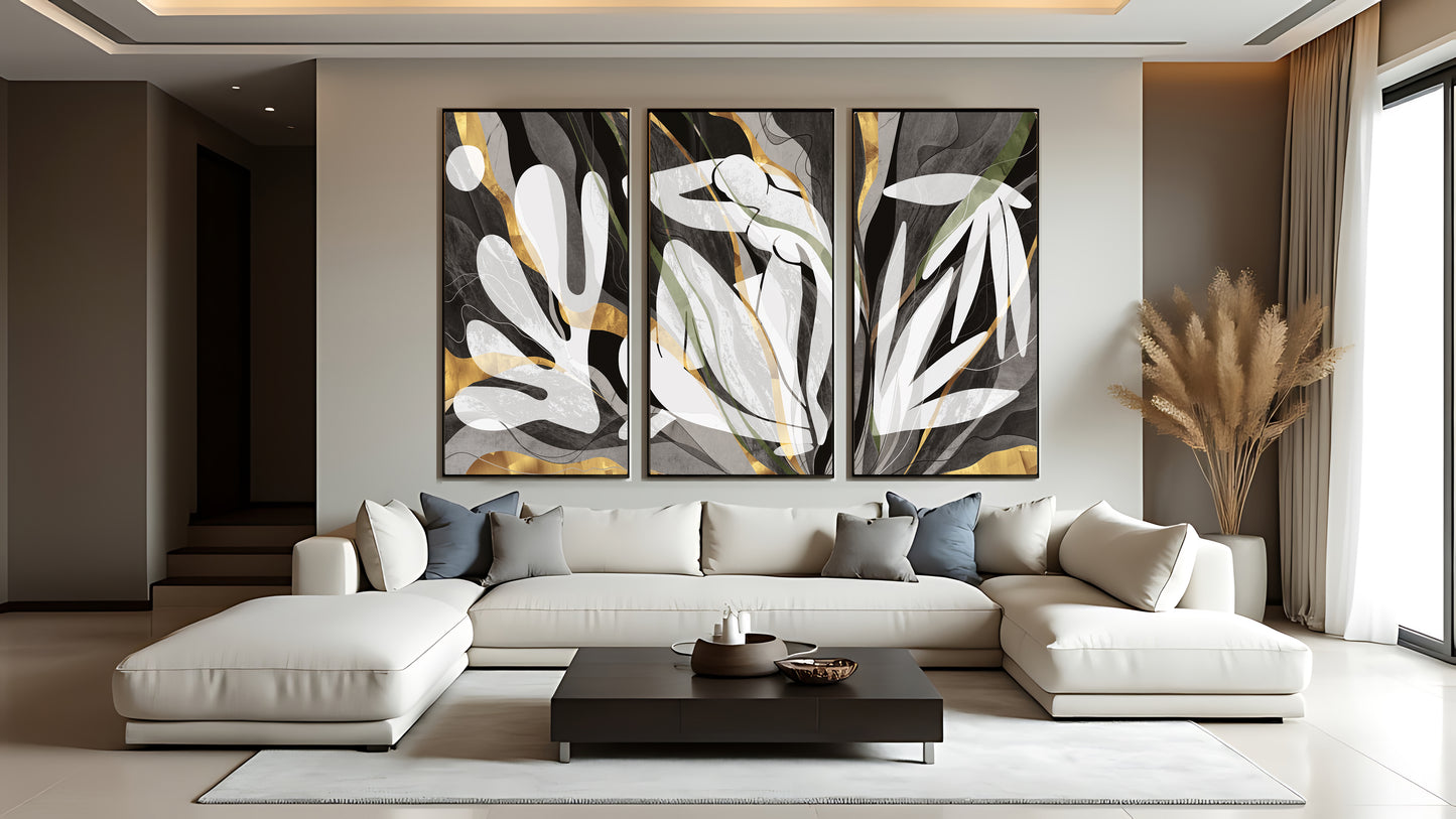 Modern Luxe Gold Abstract Neutral Triptych Canvas Wall Art Set of 3