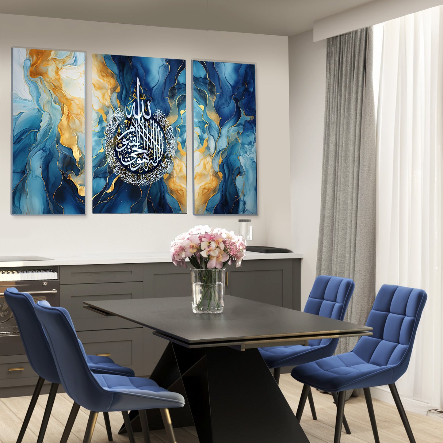 Blue Ayatul Kursi Islamic Wall Art Quran Decor, 3 Panels