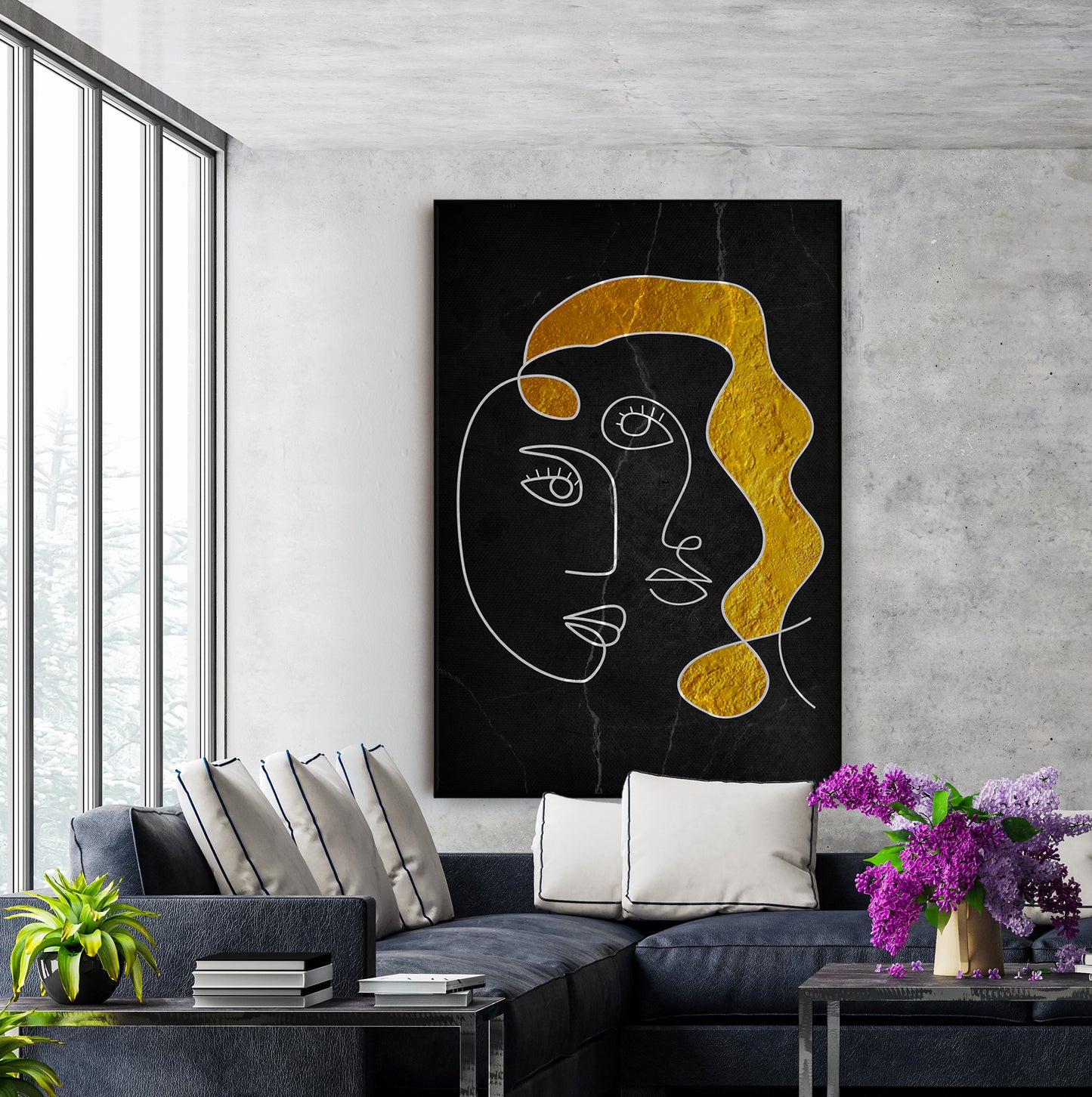 Single Line Face Art Mounted Canvas Wall Art