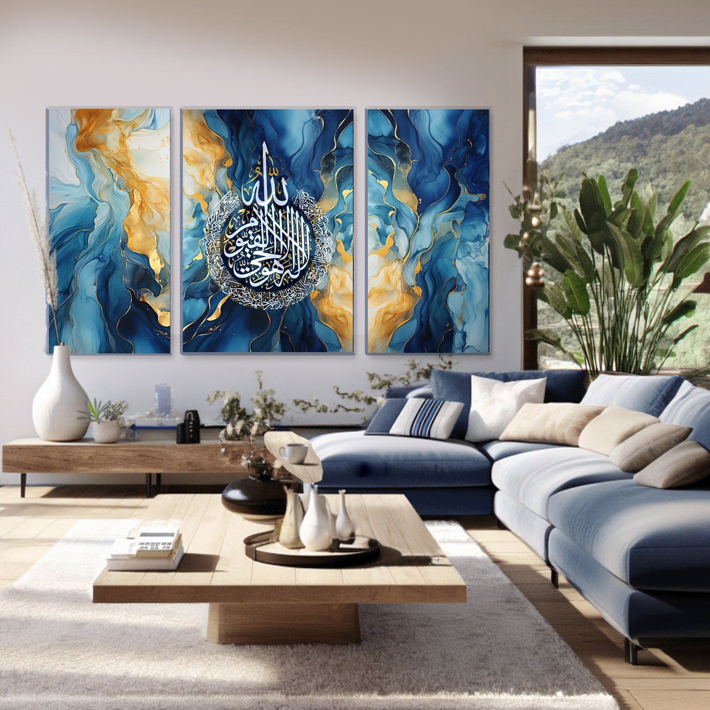 Blue Ayatul Kursi Islamic Wall Art Quran Decor, 3 Panels