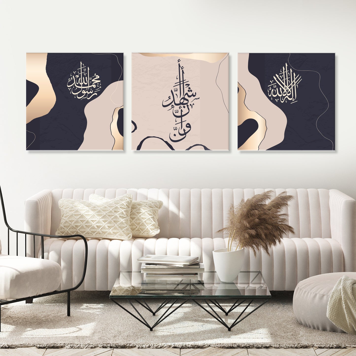 Modern Islamic Calligraphy Canvas – Shahadah 3 Panel Art Print for Muslim Home
