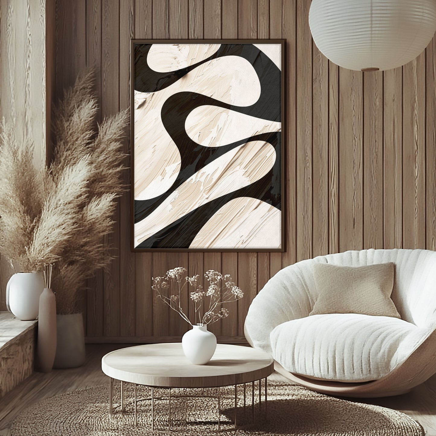 Sculpted Motion – Abstract Black & Ivory Wallpaper