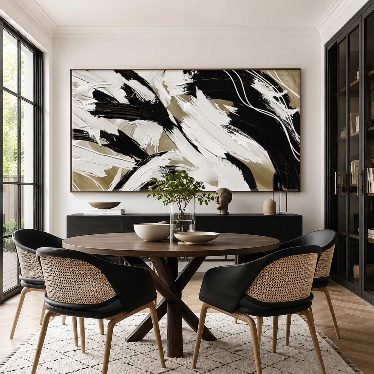 Rhythm in Contrast – Black, Ivory & Taupe Abstract Canvas Wall Art