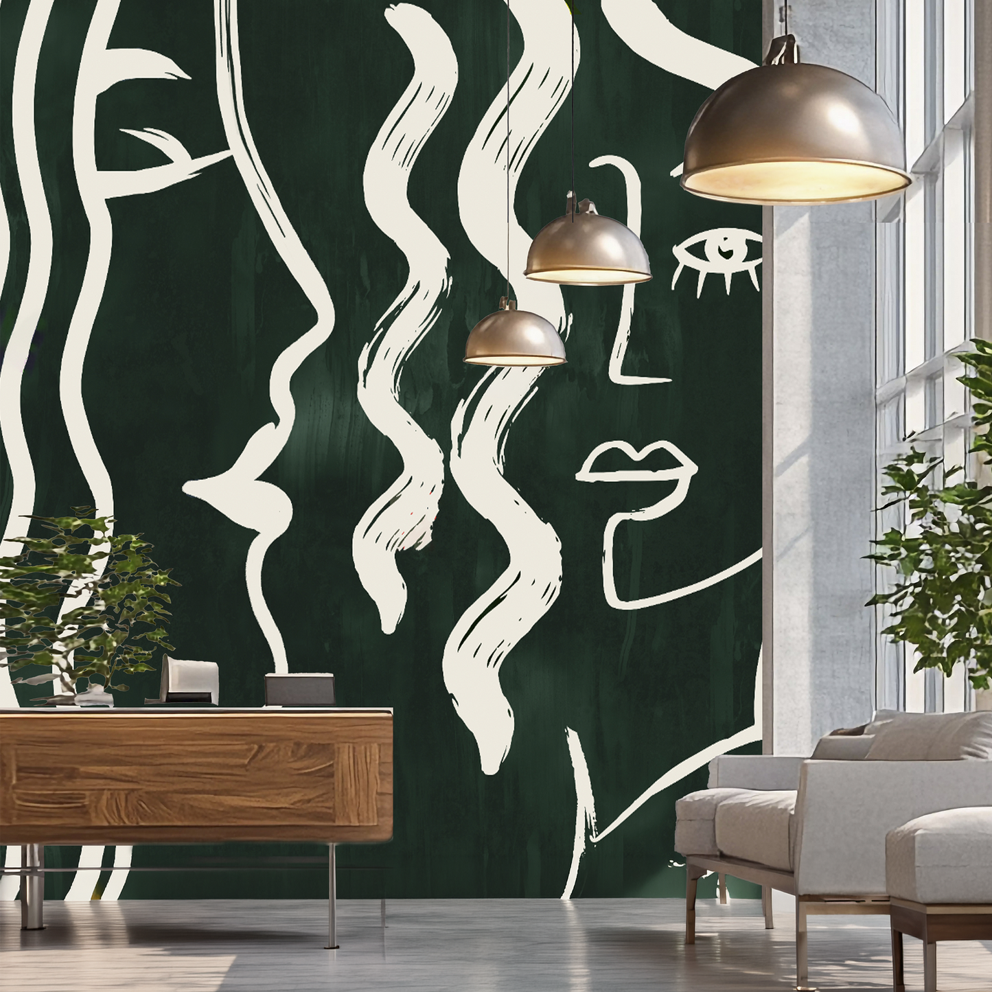 Emerald Muse | Luxury Abstract Line Art Wallpaper Mural