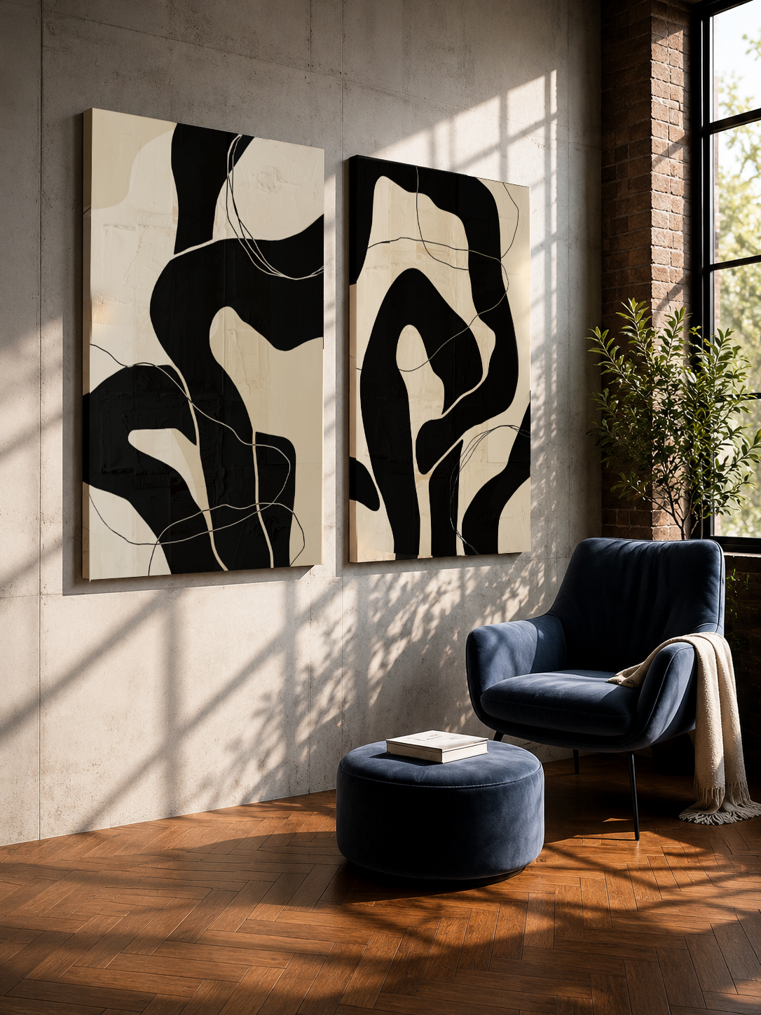 Contour Duet – Set of 2 Abstract Mounted Canvas Art
