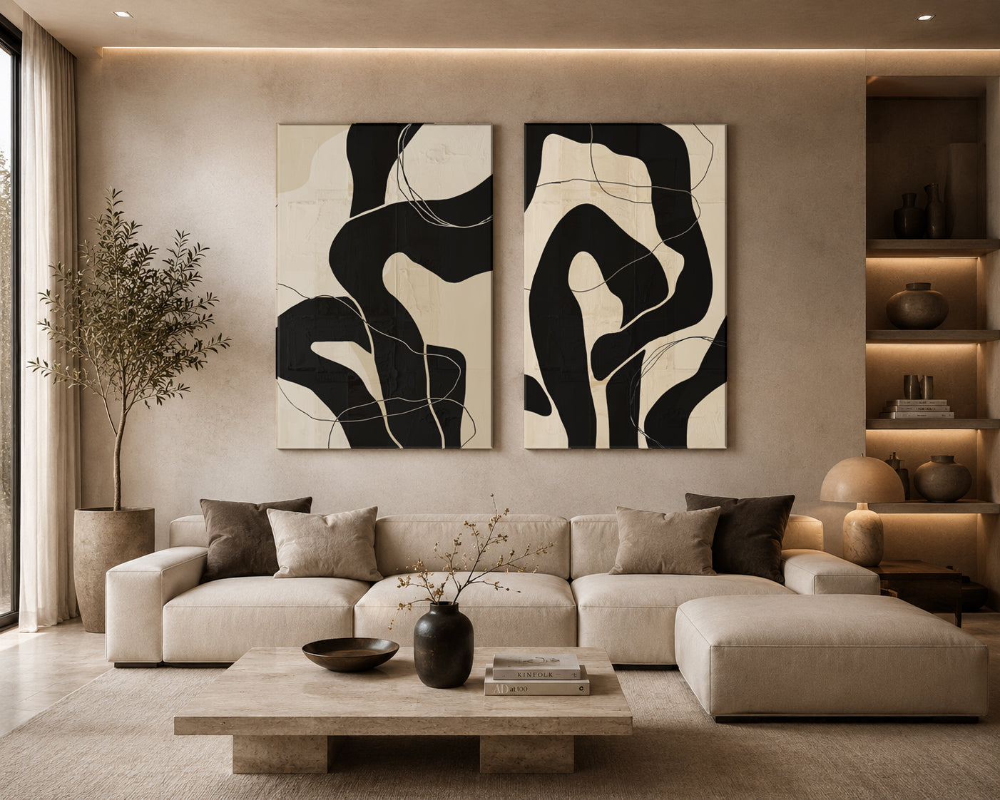 Contour Duet – Set of 2 Abstract Mounted Canvas Art