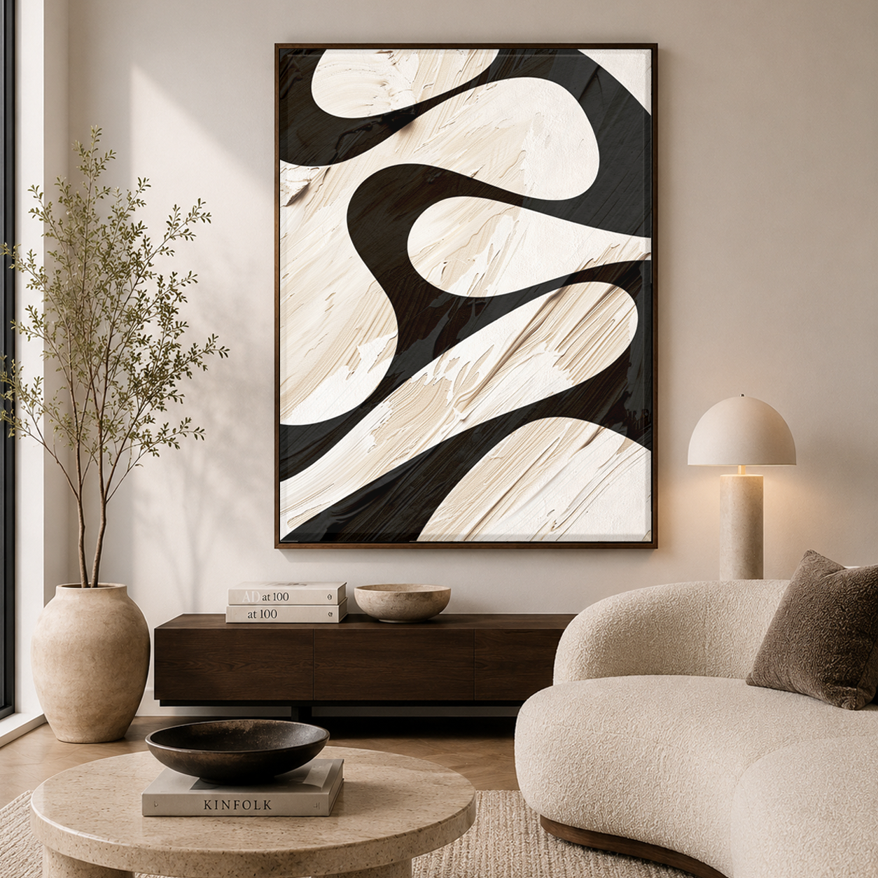 Sculpted Motion – Abstract Black & Ivory Wallpaper