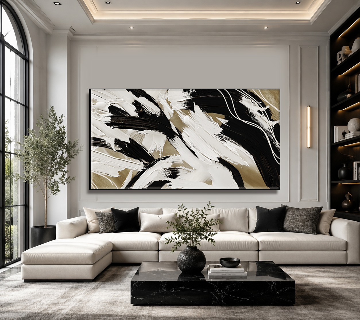 Rhythm in Contrast – Black, Ivory & Taupe Abstract Canvas Wall Art