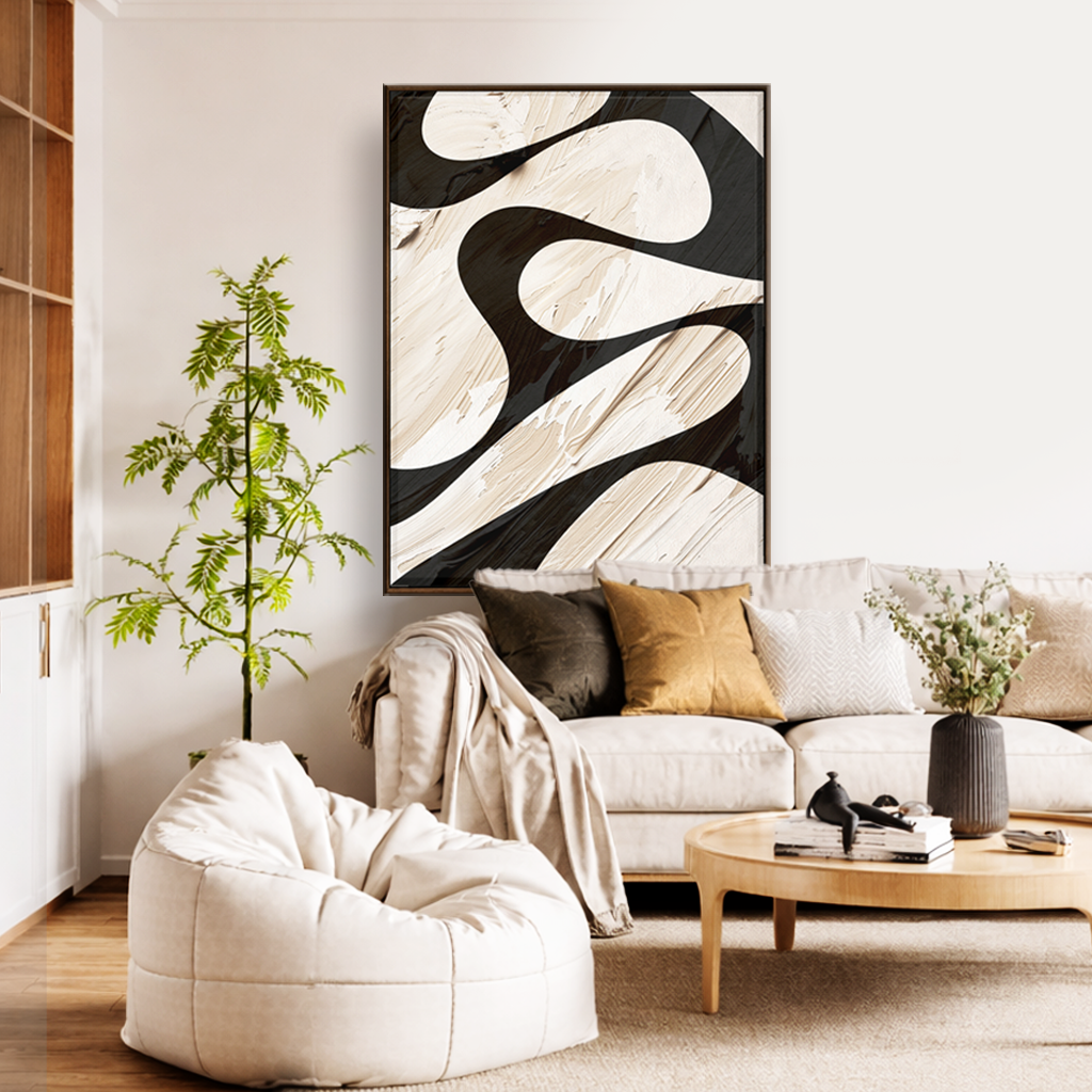 Sculpted Motion – Abstract Black & Ivory Wallpaper