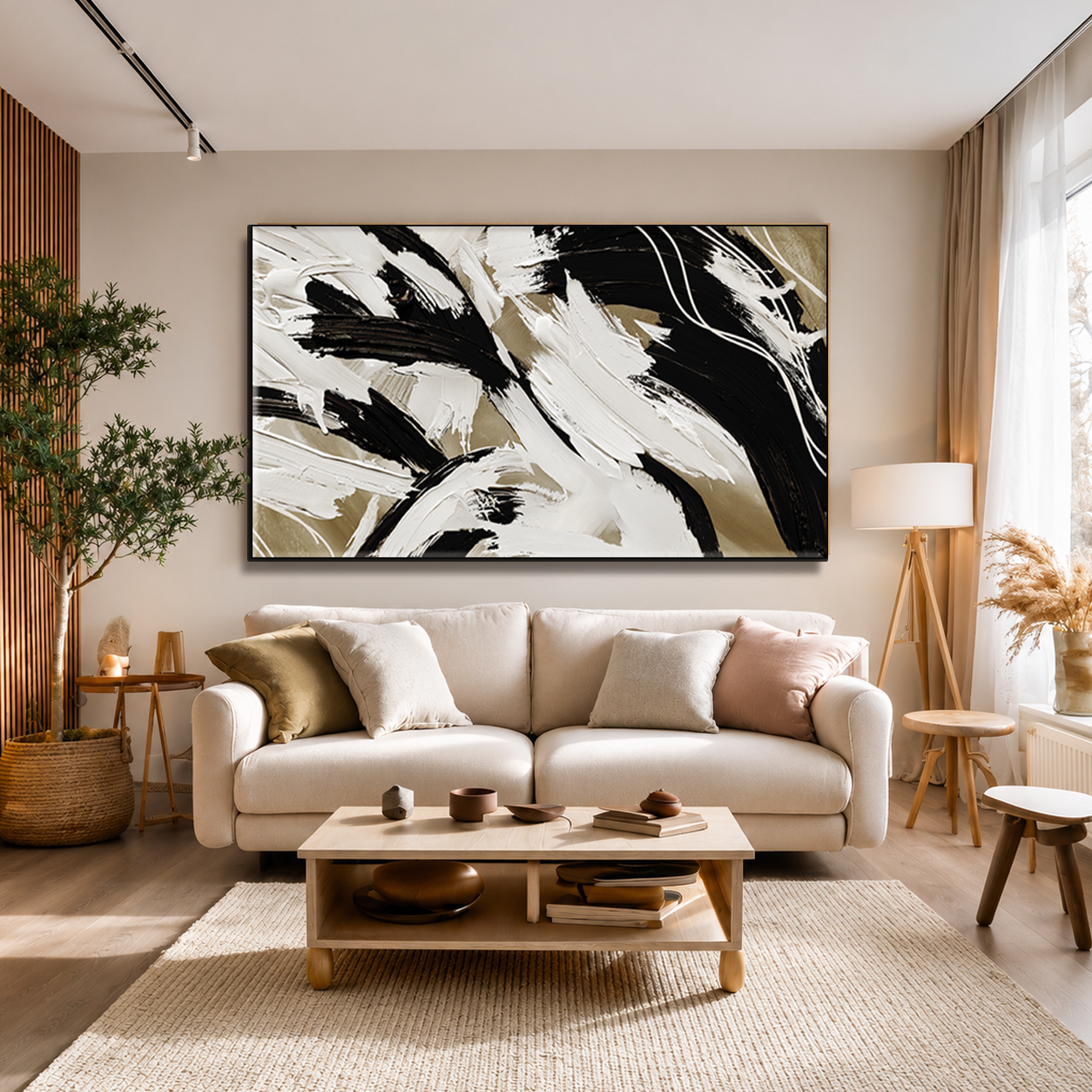 Rhythm in Contrast – Black, Ivory & Taupe Abstract Canvas Wall Art