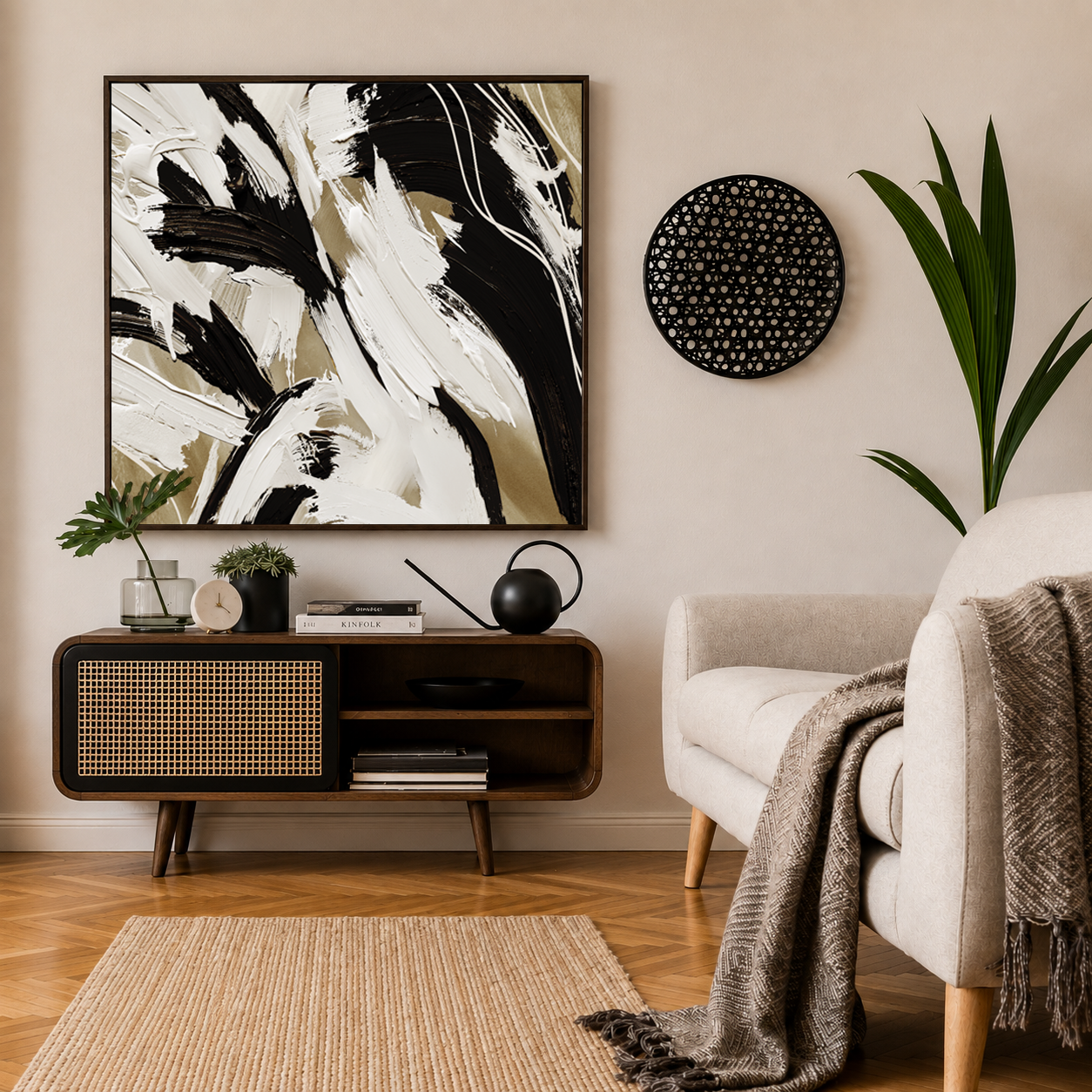 Rhythm in Contrast – Black, Ivory & Taupe Abstract Canvas Wall Art
