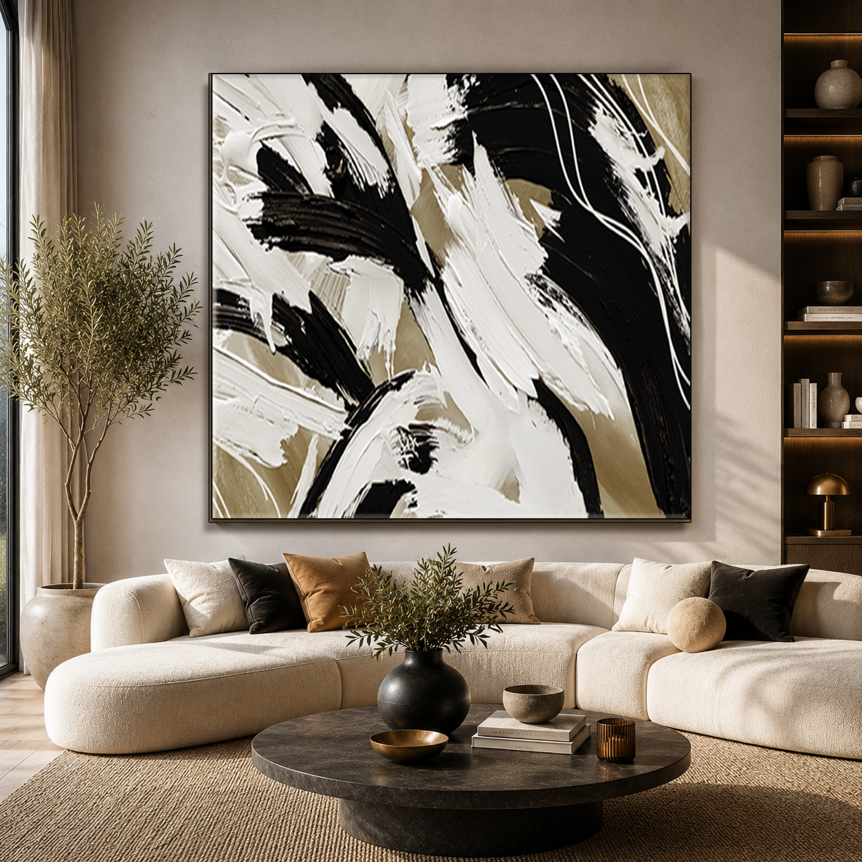 Rhythm in Contrast – Black, Ivory & Taupe Abstract Canvas Wall Art