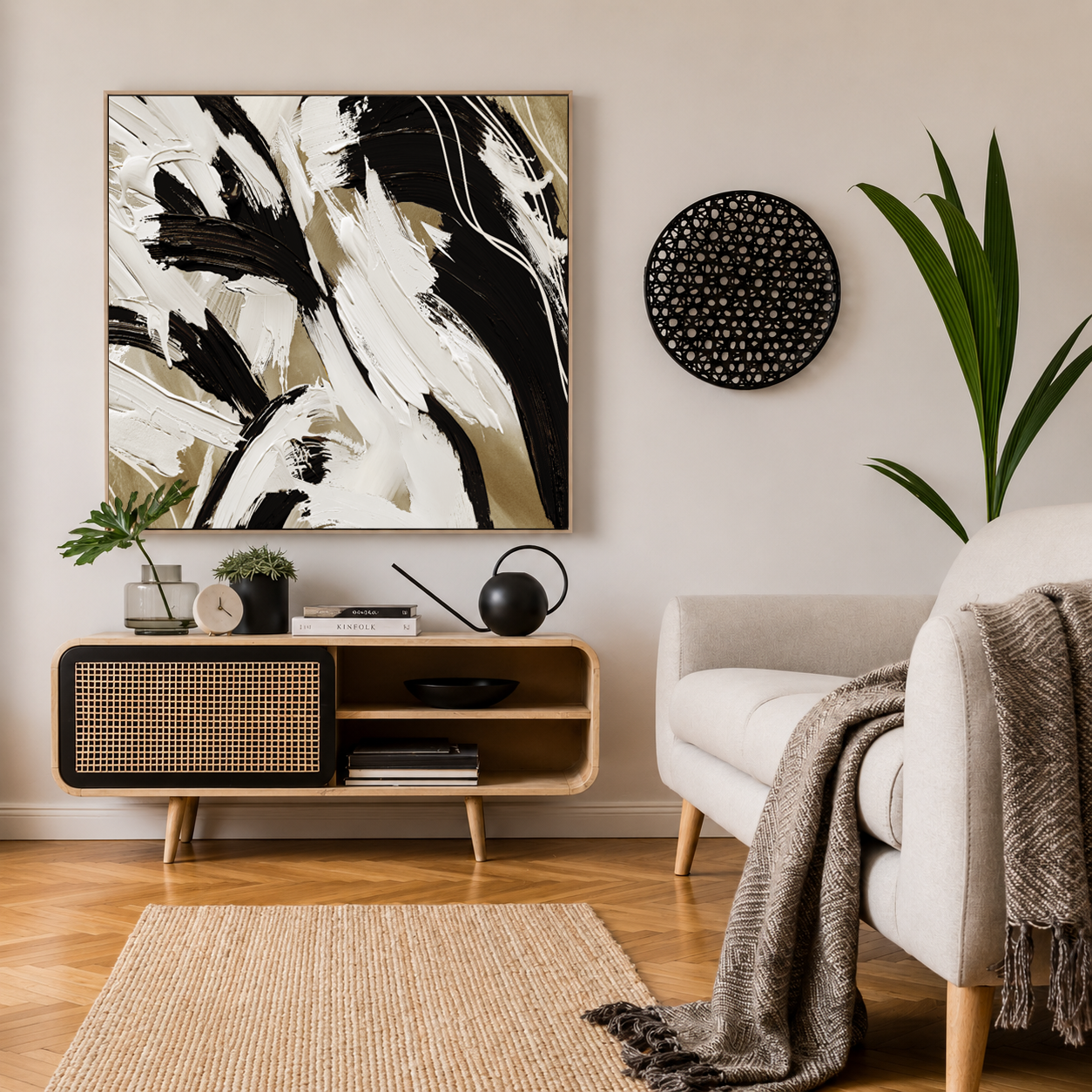 Rhythm in Contrast – Black, Ivory & Taupe Abstract Canvas Wall Art