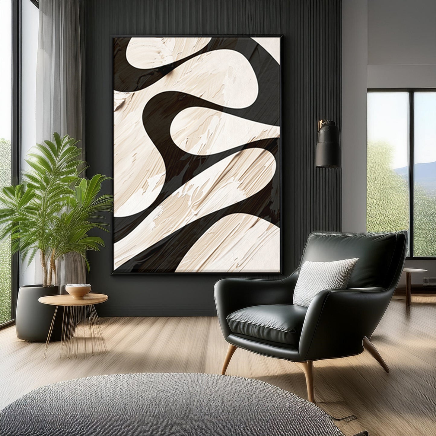 Sculpted Motion – Abstract Black & Ivory Wallpaper