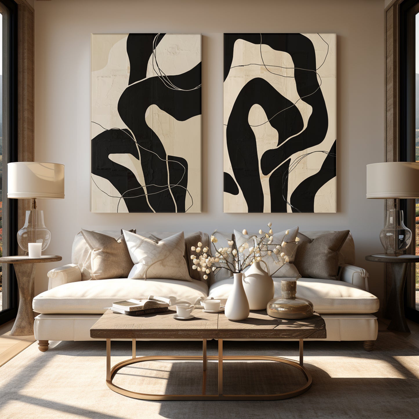 Contour Duet – Set of 2 Abstract Mounted Canvas Art