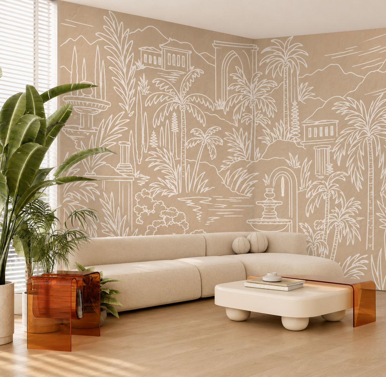 Palm Oasis Toile Wallpaper Mural