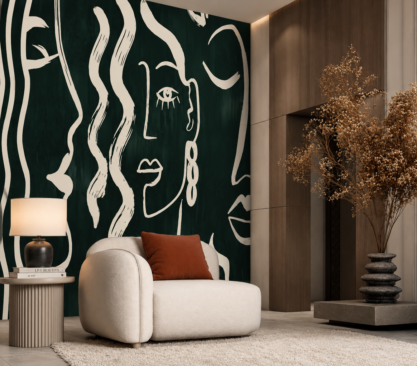 Emerald Muse | Luxury Abstract Line Art Wallpaper Mural