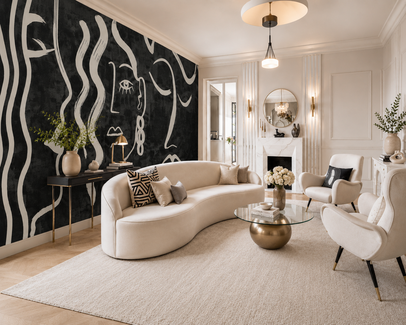A bold Midnight statement wall | Luxury Abstract Line Art Wallpaper Mural