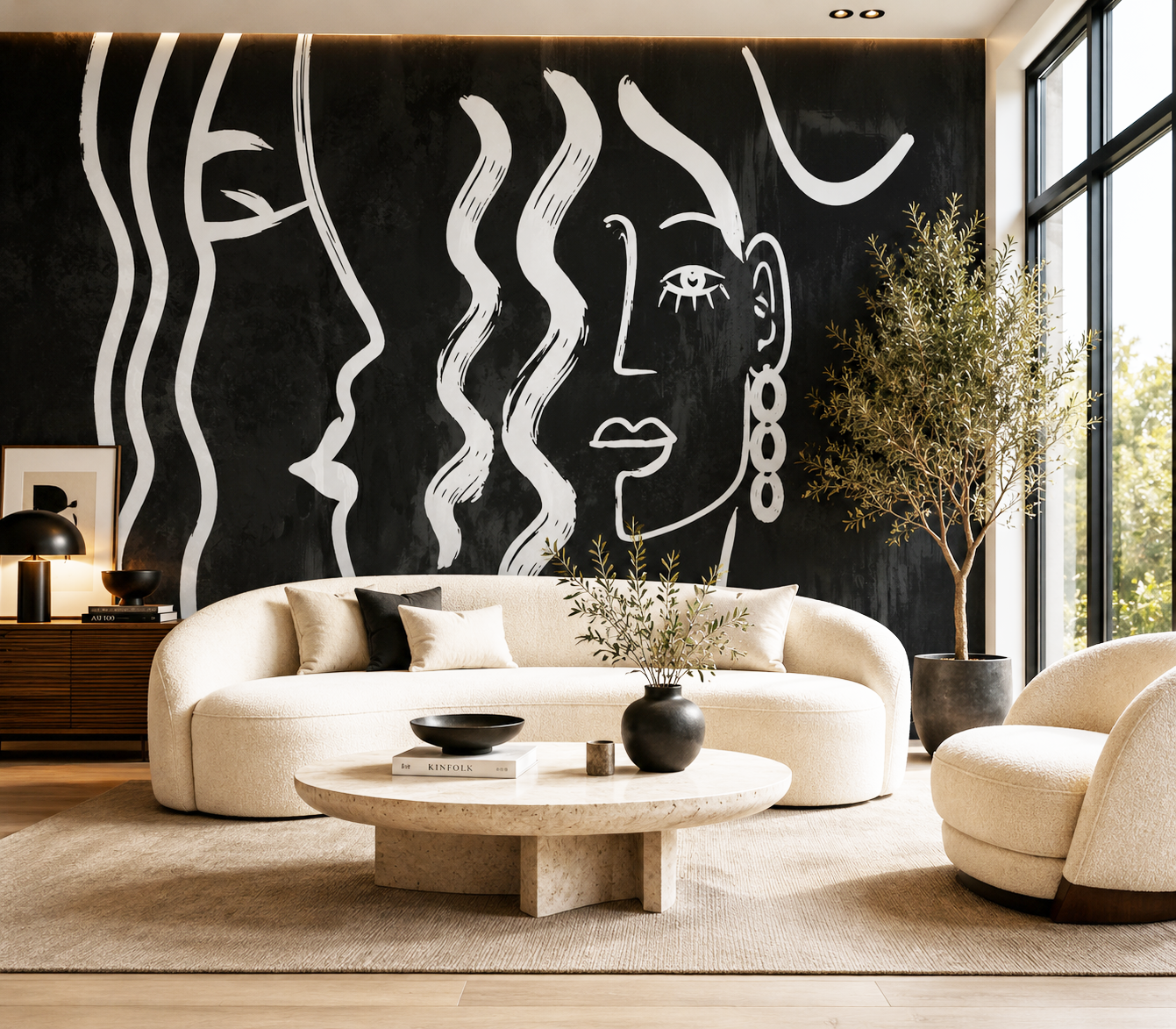 A bold Midnight statement wall | Luxury Abstract Line Art Wallpaper Mural