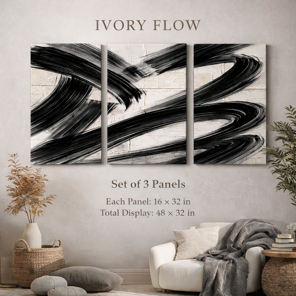 Ivory Flow Triptych Wall Art | Neutral Abstract Set of 3 | Modern Decor, Neutral Black & Beige Abstract