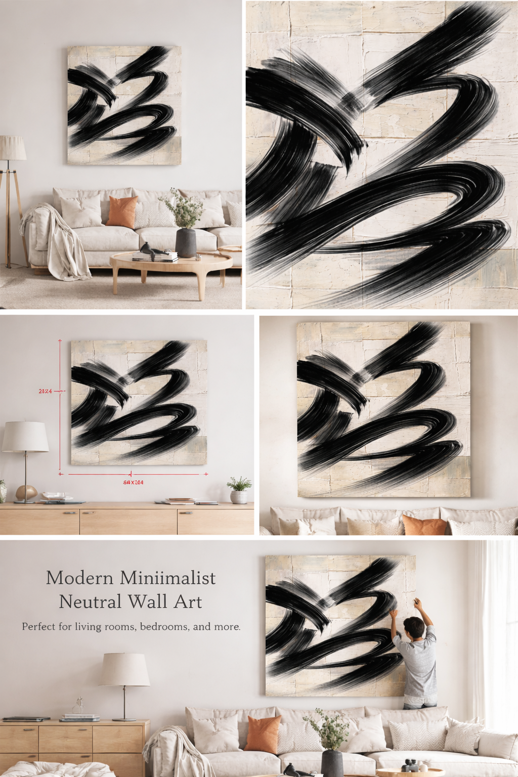 Ivory Flow Triptych Wall Art | Neutral Abstract Set of 3 | Modern Decor, Neutral Black & Beige Abstract