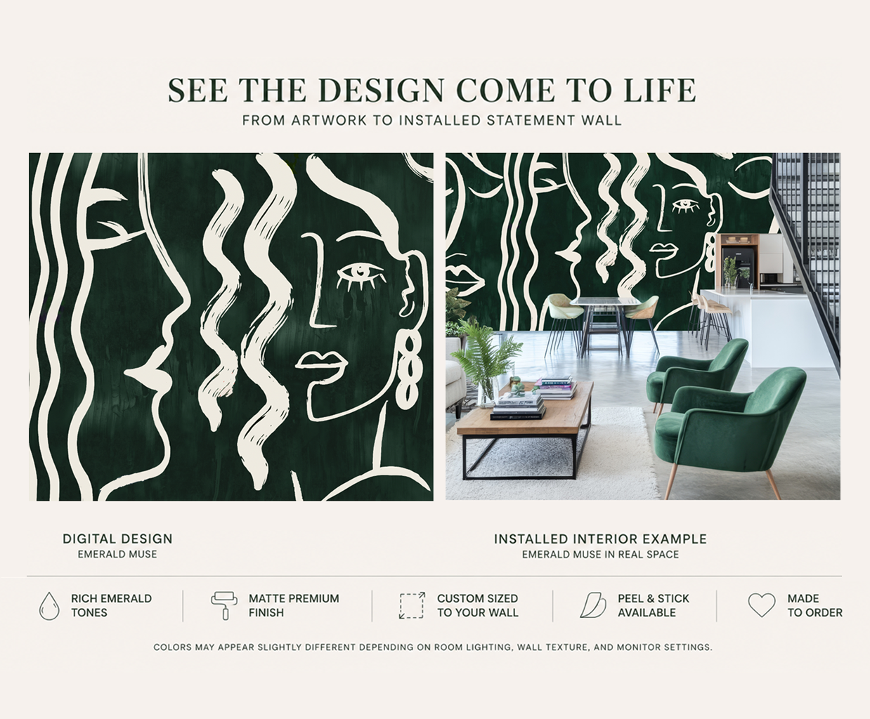 Emerald Muse | Luxury Abstract Line Art Wallpaper Mural