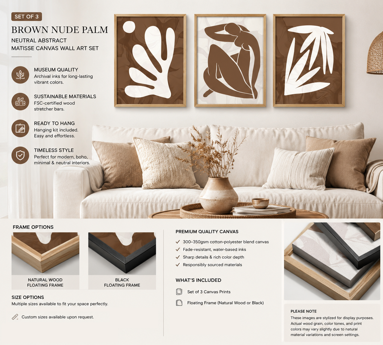 Brown Nude Palm Collection – Set of 3 Henri Matisse Inspired Wall Art