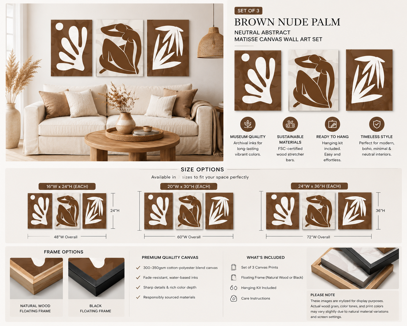 Brown Nude Palm Collection – Set of 3 Henri Matisse Inspired Wall Art