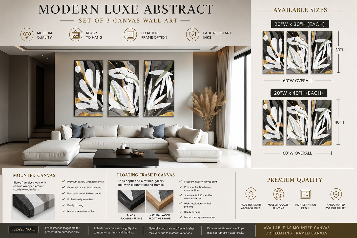 Modern Luxe Gold Abstract Neutral Triptych Canvas Wall Art Set of 3
