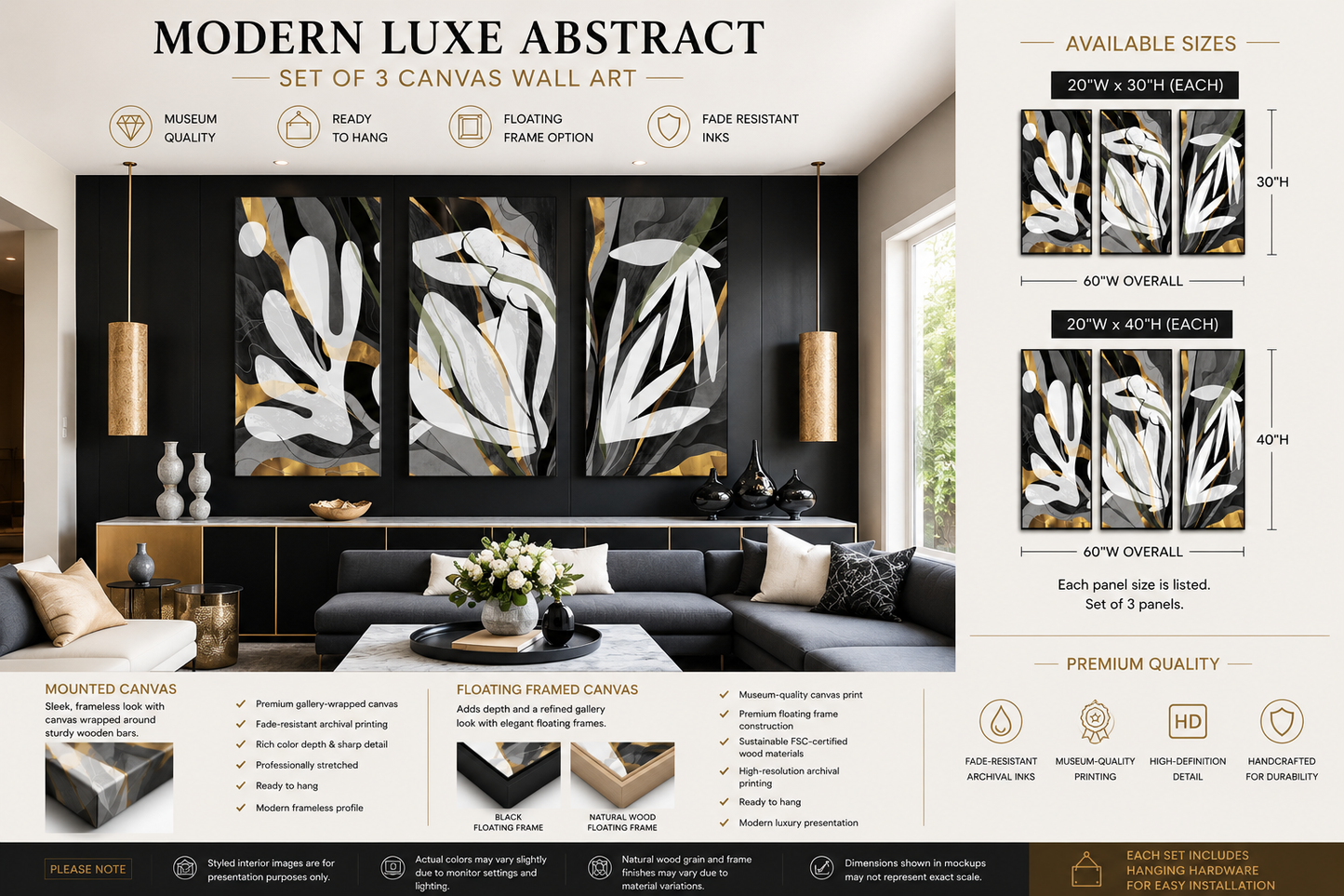 Modern Luxe Gold Abstract Neutral Triptych Canvas Wall Art Set of 3