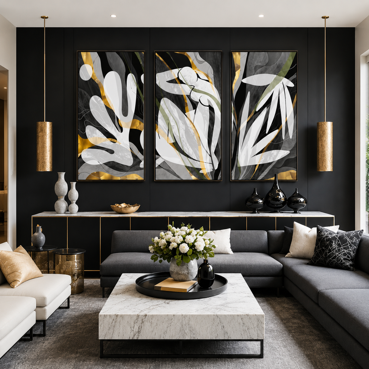 Modern Luxe Gold Abstract Neutral Triptych Canvas Wall Art Set of 3