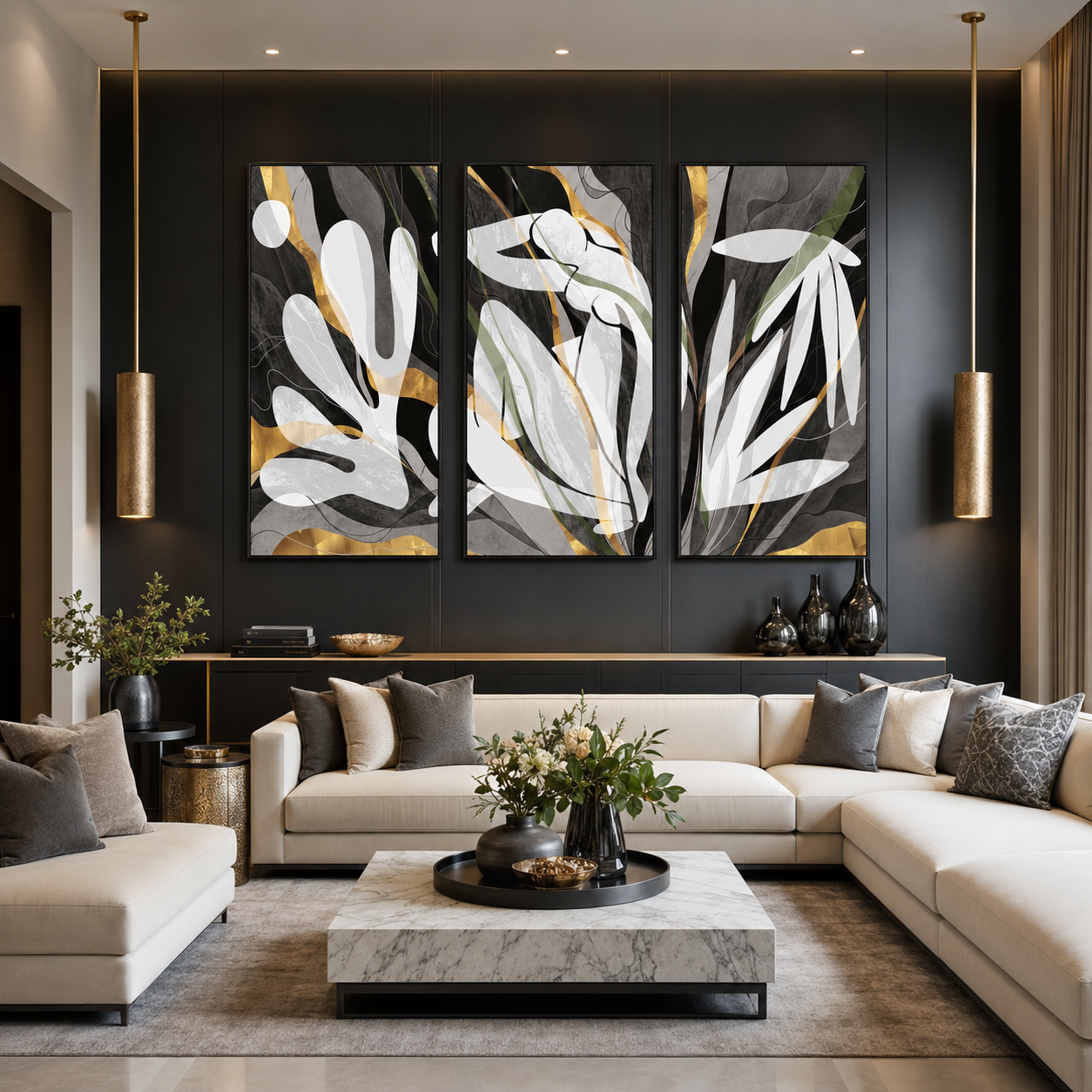 Modern Luxe Gold Abstract Neutral Triptych Canvas Wall Art Set of 3