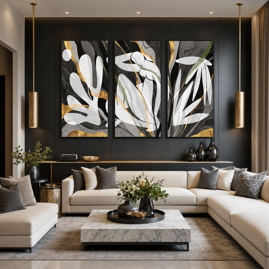 Modern Luxe Gold Abstract Neutral Triptych Canvas Wall Art Set of 3
