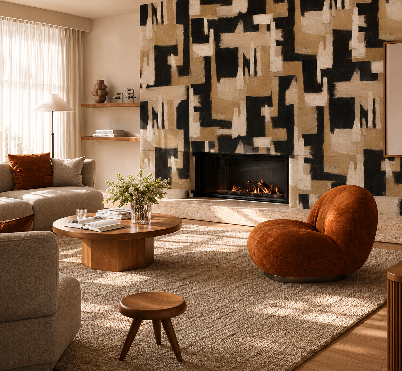 Abstract Geometry Wallpaper – Warm Beige & Black