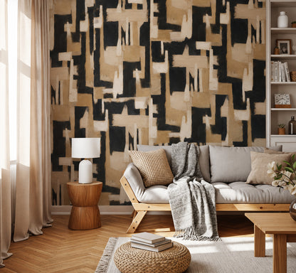 Abstract Geometry Wallpaper – Warm Beige & Black