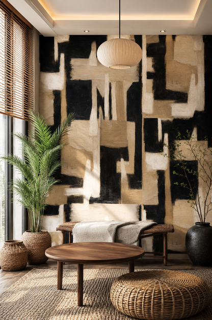 Abstract Geometry Wallpaper – Warm Beige & Black