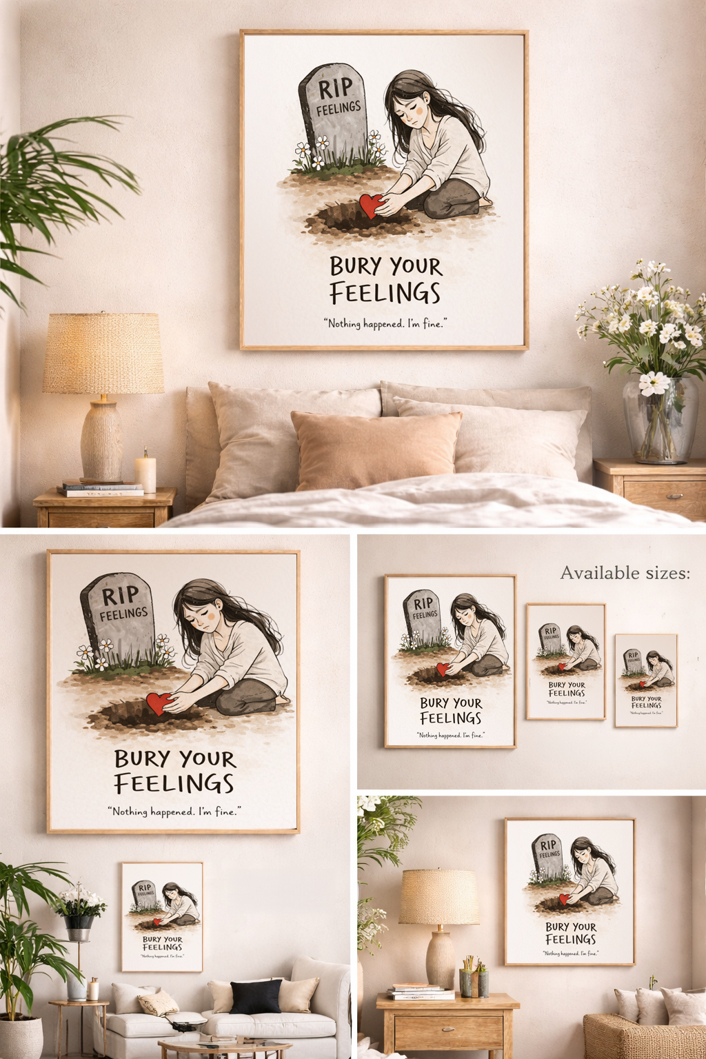 Bury Your Feelings Wall Art | Dark Humor Print | Breakup Quote Poster