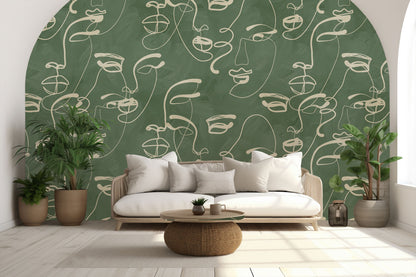 Faces in Harmony Soft Green Wallpaper