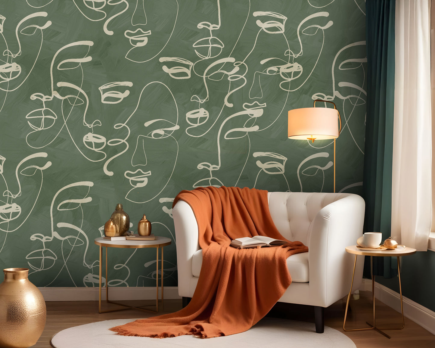 Faces in Harmony Soft Green Wallpaper