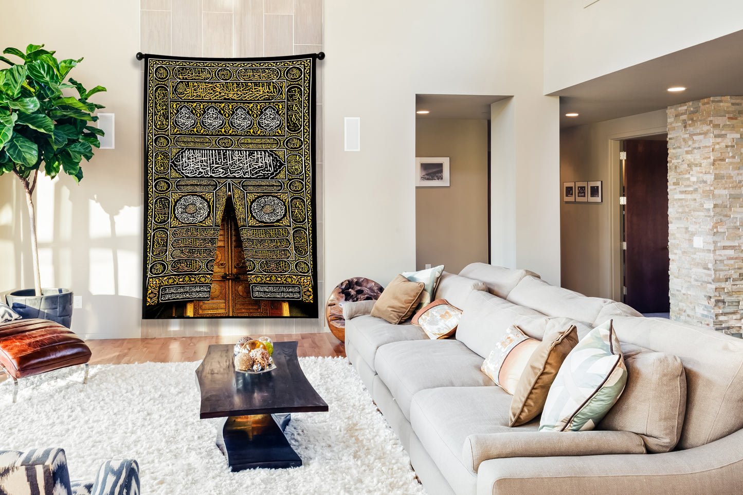 Kaaba Kiswah Tapestry | Sacred Mecca Door Islamic Wall Decor | Large Hanging Textile Print