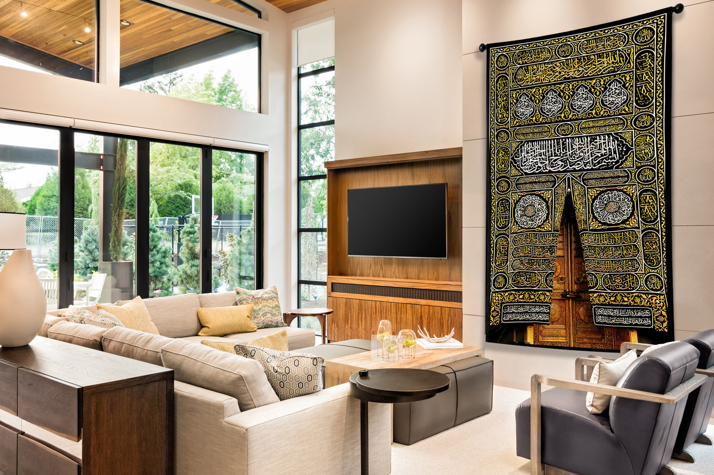 Kaaba Kiswah Tapestry | Sacred Mecca Door Islamic Wall Decor | Large Hanging Textile Print