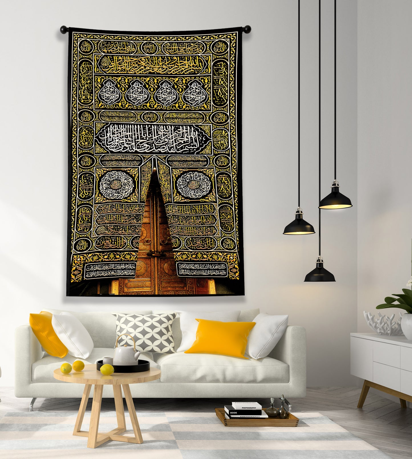 Kaaba Kiswah Tapestry | Sacred Mecca Door Islamic Wall Decor | Large Hanging Textile Print