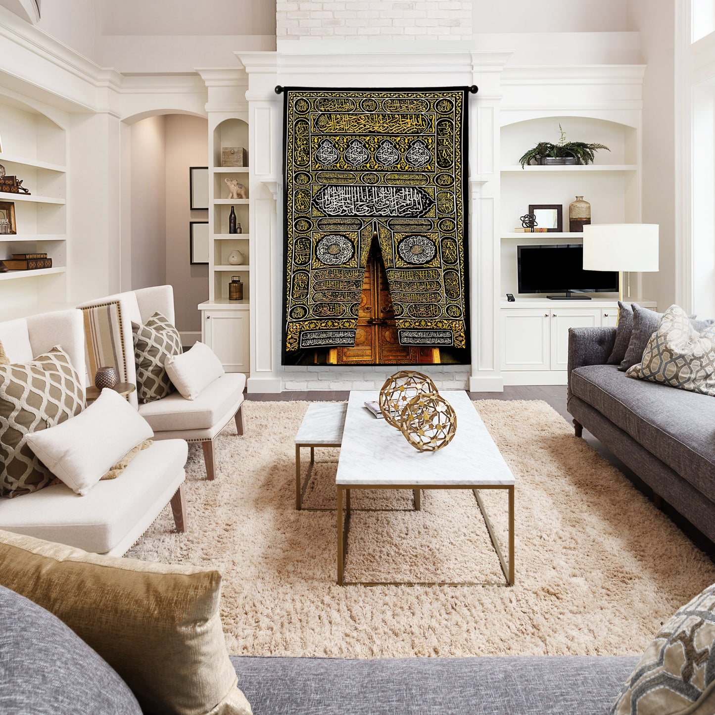 Kaaba Kiswah Tapestry | Sacred Mecca Door Islamic Wall Decor | Large Hanging Textile Print