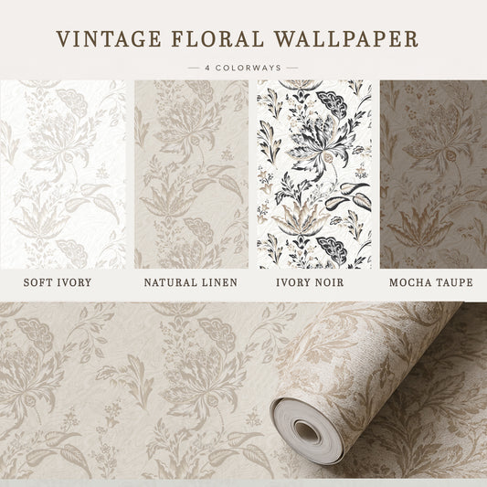 Vintage Floral Wallpaper – Neutral Botanical Peel & Stick