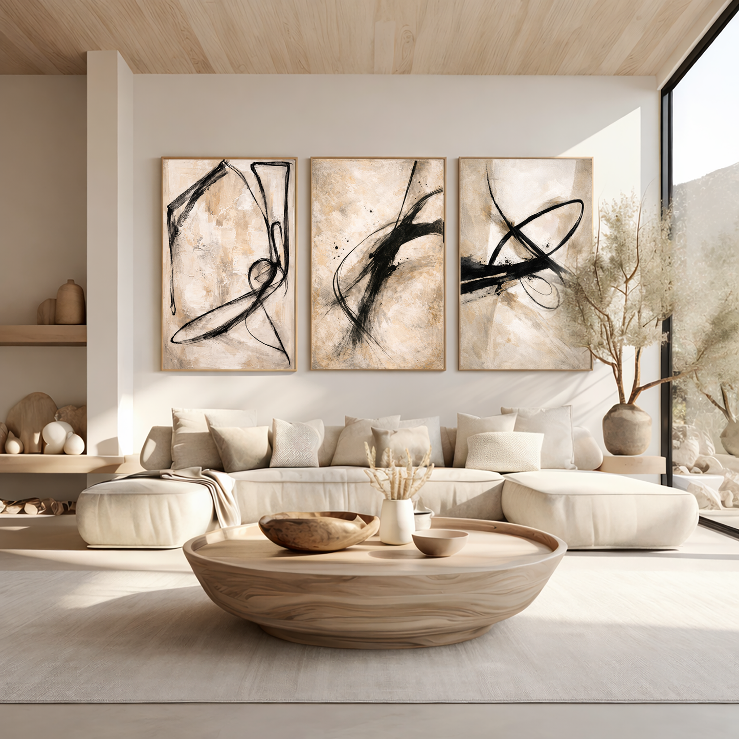 Ivory Gesture Triptych Wall Art | Neutral Abstract Set of 3 | Minimal Black Beige Modern Wall Decor