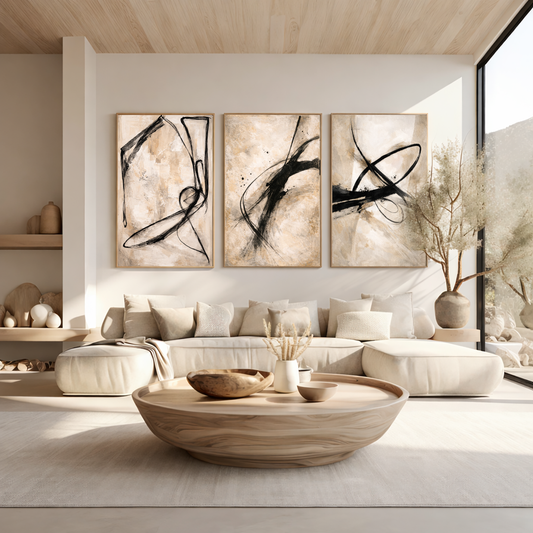 Ivory Gesture Triptych Wall Art | Neutral Abstract Set of 3 | Minimal Black Beige Modern Wall Decor