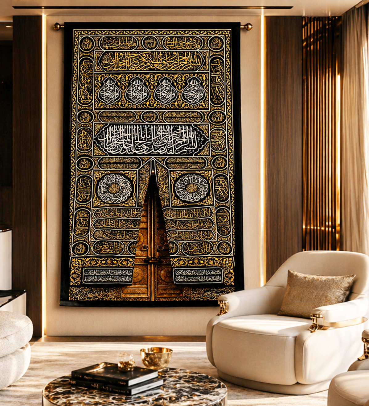 Kaaba Kiswah Tapestry | Sacred Mecca Door Islamic Wall Decor | Large Hanging Textile Print