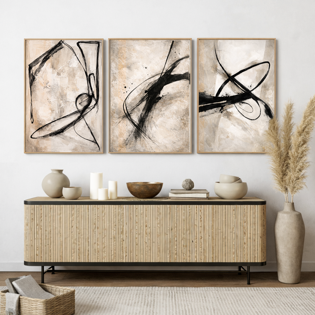 Ivory Gesture Triptych Wall Art | Neutral Abstract Set of 3 | Minimal Black Beige Modern Wall Decor